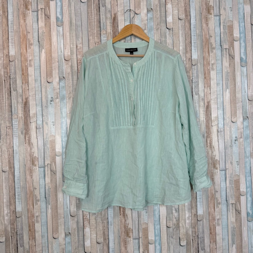Lane Bryant 22 24‎ Linen Pintuck Shirt Top Tunic Mint Green Pastel Spring Blouse
